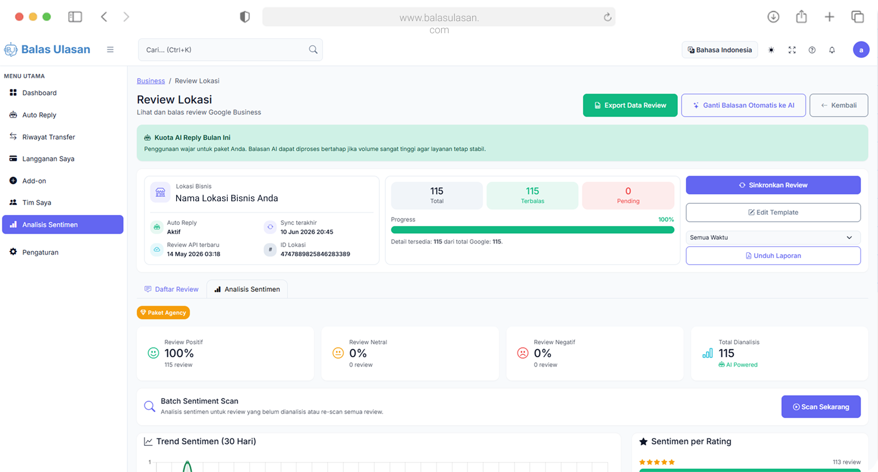 Dashboard aplikasi balas review Google dengan AI Desktop